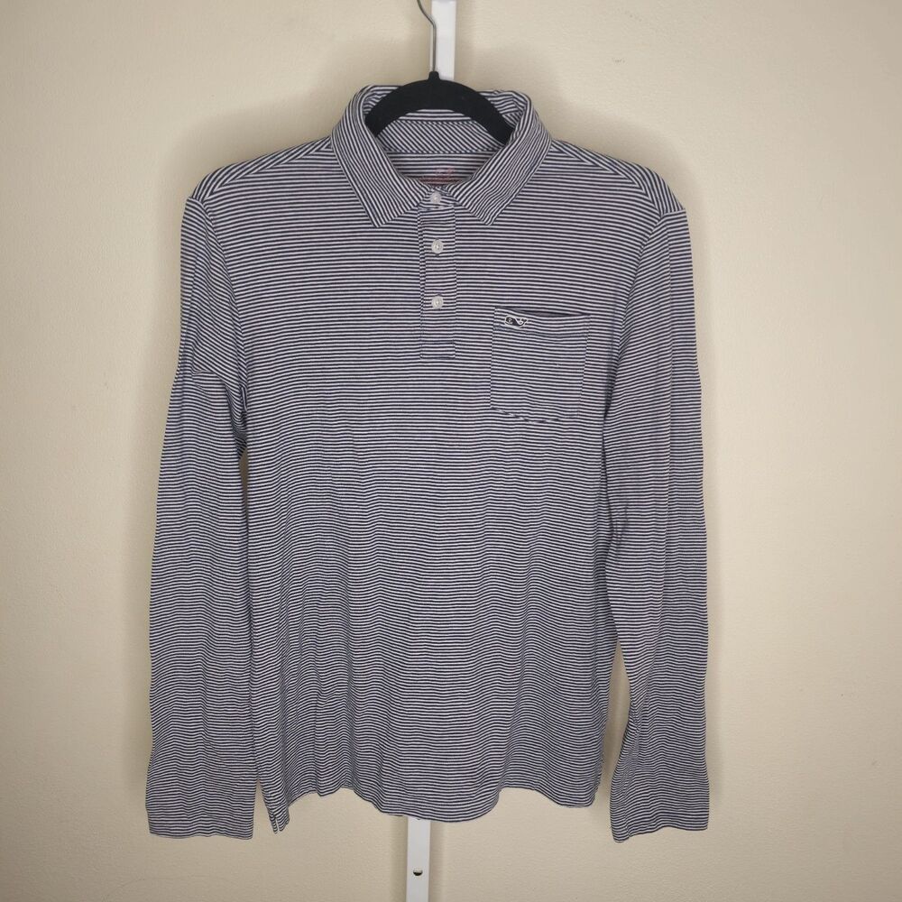 Vineyard Vines Edgartown Polo Boy's XL (18) Blue White Striped Long Sleeve